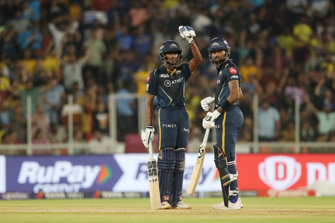 B. Sai Sudharsan of Gujarat Titans celebrates his fifty runs /half century  during the Final of the Tata Indian Premier League between the Chennai Super Kings and the Gujarat Titans held at the Narendra Modi Stadium in Ahmedabad on the 29th May 2023

Photo by: Ron Gaunt/ SPORTZPICS for IPL